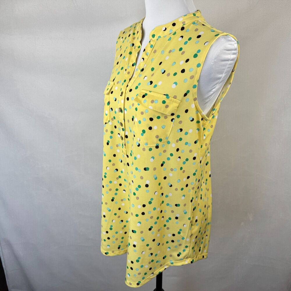Ava & Grace Women Sz S Yellow Polka Dot Metal Button Henley Sleeveless - Picture 3 of 7